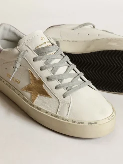 New Golden Goose Hi Star branco com estrela dourada e talão de naplak lilás Cabedal de napa branca