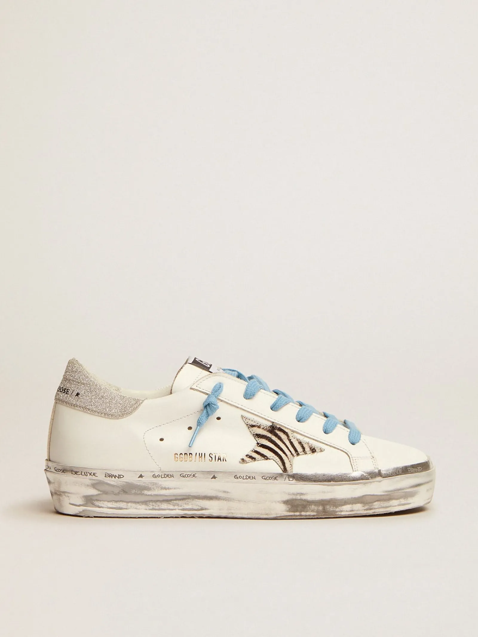 Best Sale Golden Goose Hi Star com estrela de cavalinho com estampa de zebra e talão de glitter Cor: branco