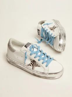 Best Sale Golden Goose Hi Star com estrela de cavalinho com estampa de zebra e talão de glitter Cor: branco