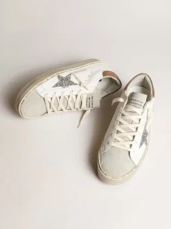 Shop Golden Goose Hi Star, estrela de glitter prateado e talão nubuk havana-rosado Cor: branco