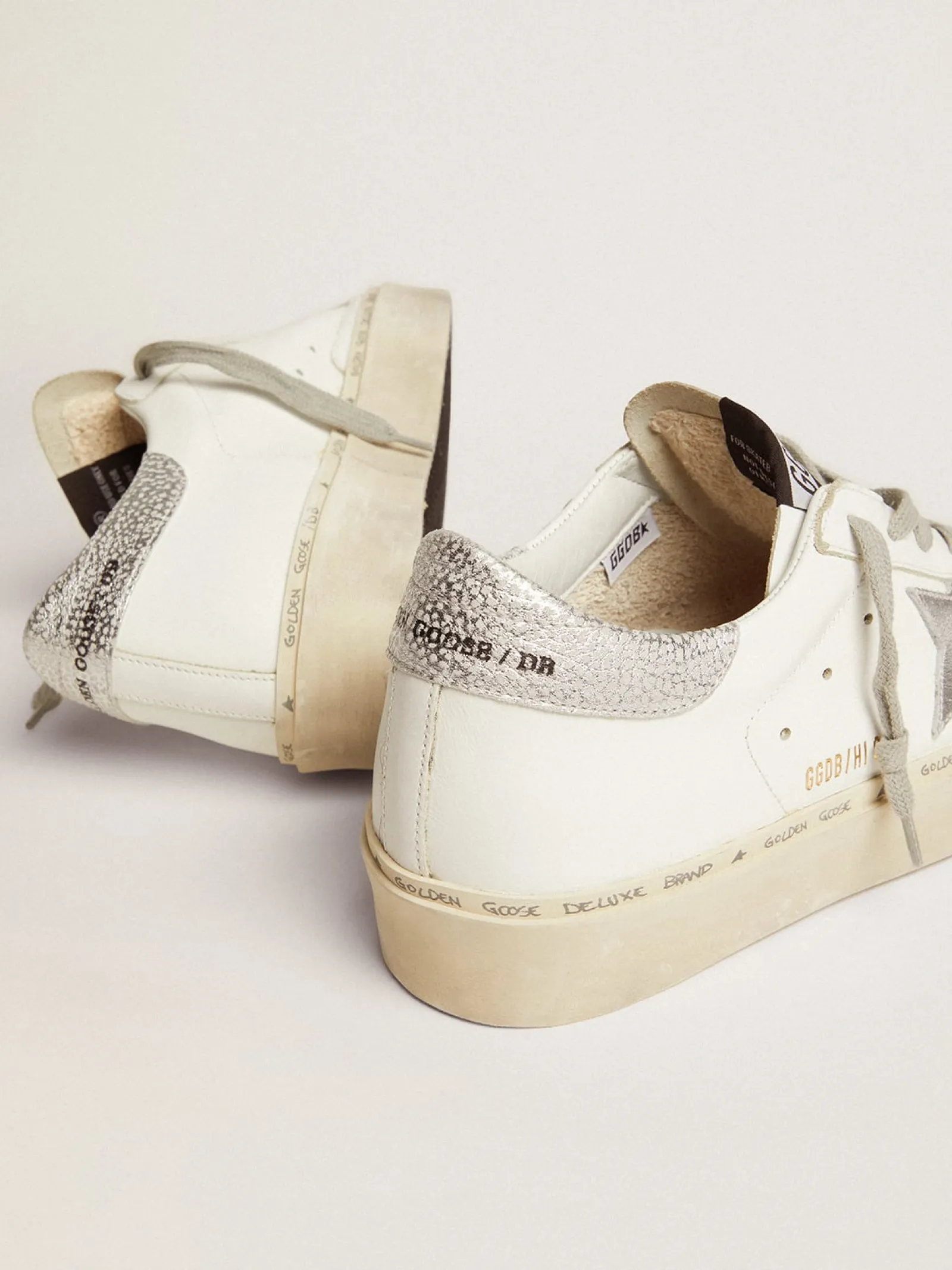 Cheap Golden Goose Hi Star feminino com estrela e talão metálico prateado Material principal: 95% couro bovino, 5% couro de cabra