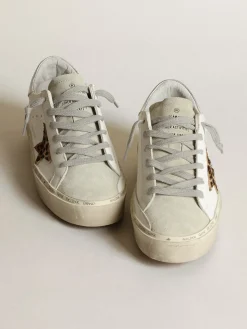 Cheap Golden Goose Hi Star feminino com estrela de cavalinho leopardo e talão prateado Cor: branco