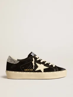 Store Golden Goose Hi Star Feminino de couro preto com talão de glitter prateado Cor: preto