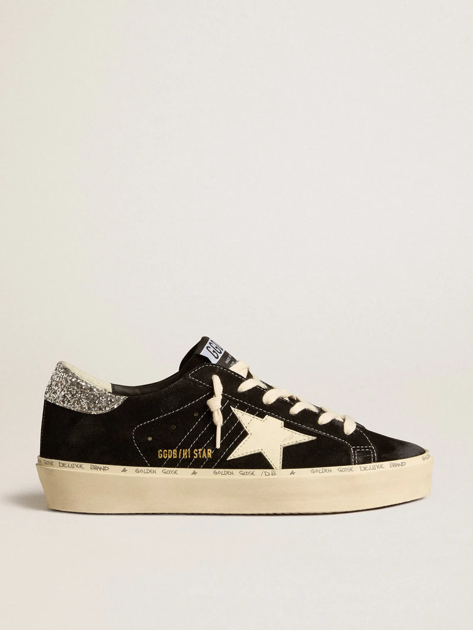 Store Golden Goose Hi Star Feminino de couro preto com talão de glitter prateado Cor: preto