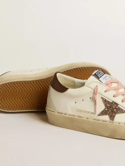 Outlet Golden Goose Hi Star LTD com estrela de glitter e talão com estampa de lagarto marrom Cabedal de couro branco