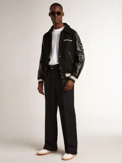Fashion Golden Goose Jaqueta bomber de lã preta com patch Golden Collection