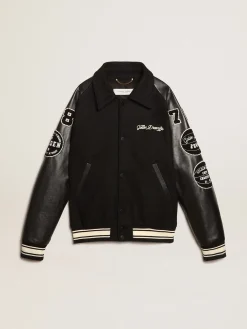 Fashion Golden Goose Jaqueta bomber de lã preta com patch Golden Collection