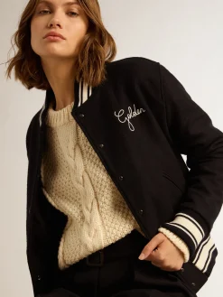 Cheap Golden Goose Jaqueta bomber feminina de lã azul-escura com detalhes brancos Cor: azul-escuro