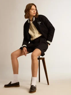 Cheap Golden Goose Jaqueta bomber feminina de lã azul-escura com detalhes brancos Cor: azul-escuro