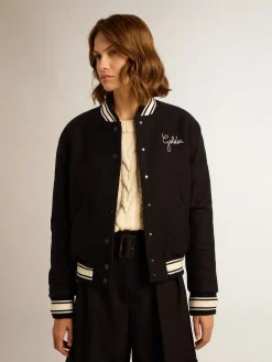 Cheap Golden Goose Jaqueta bomber feminina de lã azul-escura com detalhes brancos Cor: azul-escuro
