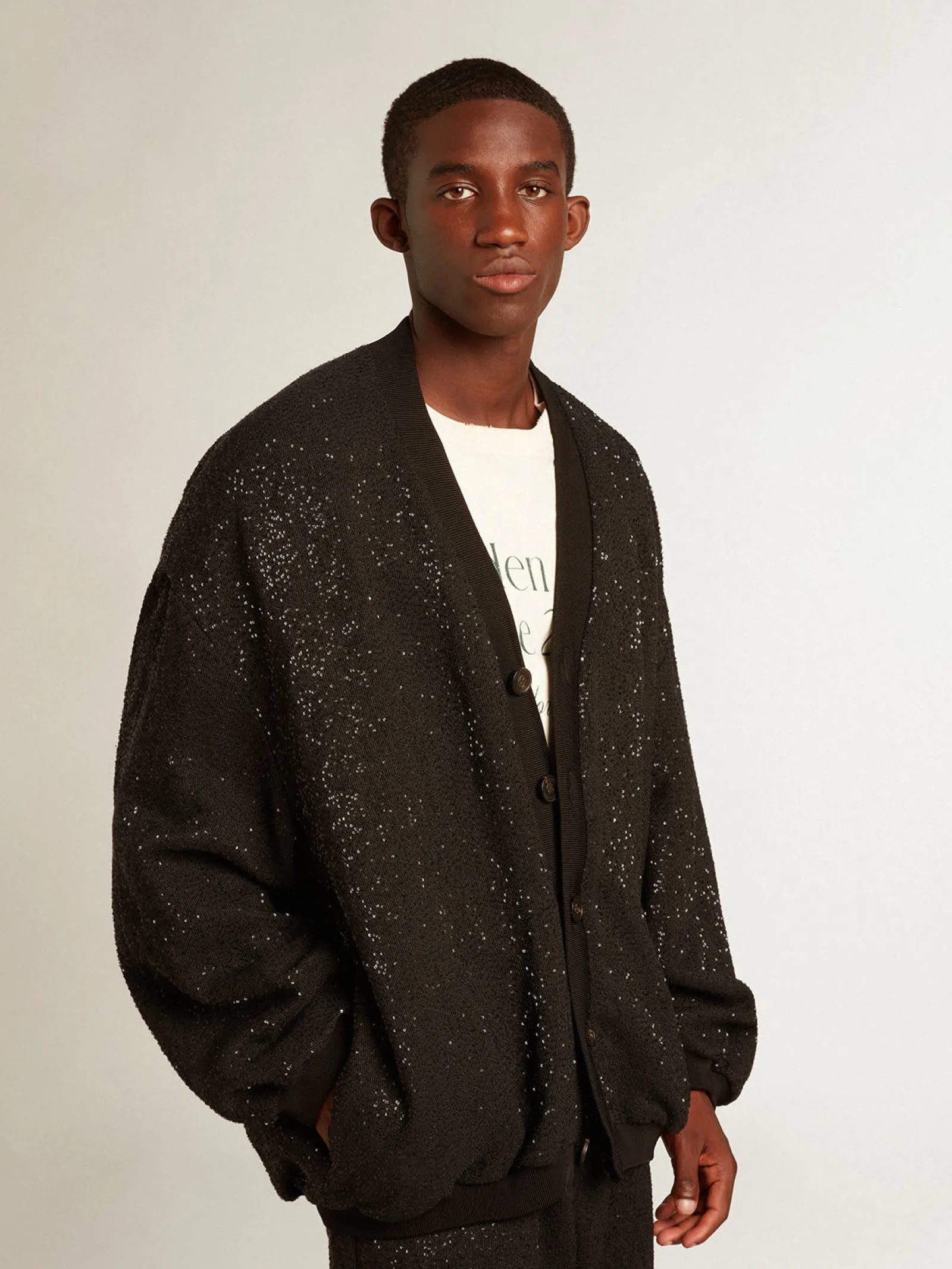 Cheap Golden Goose Jaqueta cardigã masculina preta com lantejoulas Coleção Journey