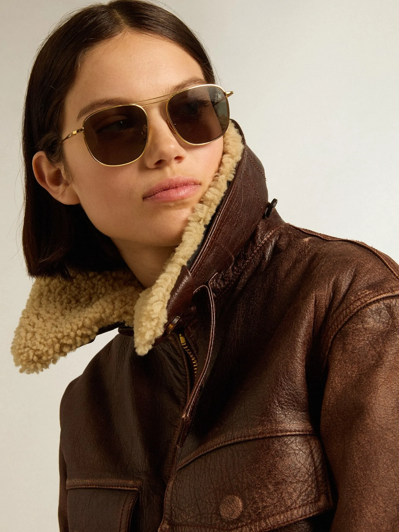 Best Golden Goose Jaqueta cor de madeira com gola de shearling removível Coleção Journey