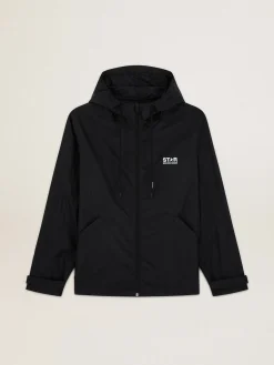 Best Golden Goose Jaqueta corta-vento masculina com logo e estrela brancos em contraste Cor: preto