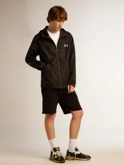 Best Golden Goose Jaqueta corta-vento masculina com logo e estrela brancos em contraste Cor: preto