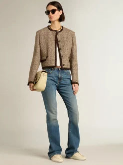Hot Golden Goose Jaqueta cropped marrom com fecho com botões Coleção Journey
