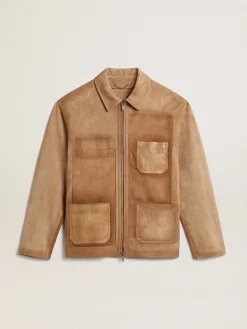 Fashion Golden Goose Jaqueta de couro cor de areia com patch e fecho com zíper Cor: areia