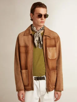 Fashion Golden Goose Jaqueta de couro cor de areia com patch e fecho com zíper Cor: areia
