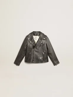 Discount Golden Goose Jaqueta de couro infantil masculina com tratamento desgastado Golden Collection
