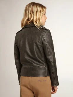 Discount Golden Goose Jaqueta de couro infantil masculina com tratamento desgastado Golden Collection
