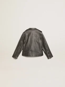 Discount Golden Goose Jaqueta de couro infantil masculina com tratamento desgastado Golden Collection