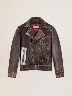 Fashion Golden Goose Jaqueta de couro masculina com tachas marteladas e fita aplicada Cor: preto