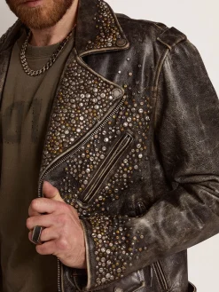 Fashion Golden Goose Jaqueta de couro masculina com tachas marteladas e fita aplicada Cor: preto