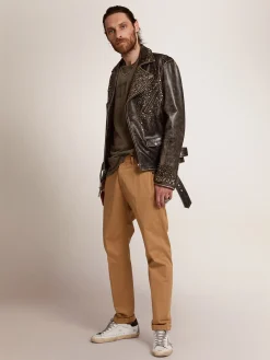 Fashion Golden Goose Jaqueta de couro masculina com tachas marteladas e fita aplicada Cor: preto