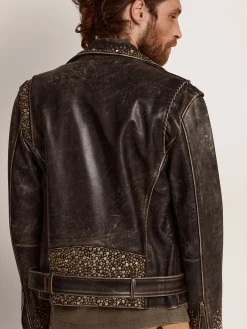 Fashion Golden Goose Jaqueta de couro masculina com tachas marteladas e fita aplicada Cor: preto