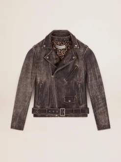 Hot Golden Goose Jaqueta de couro masculina com tratamento desgastado Cor: preto