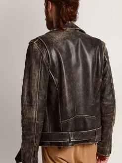 Hot Golden Goose Jaqueta de couro masculina com tratamento desgastado Cor: preto