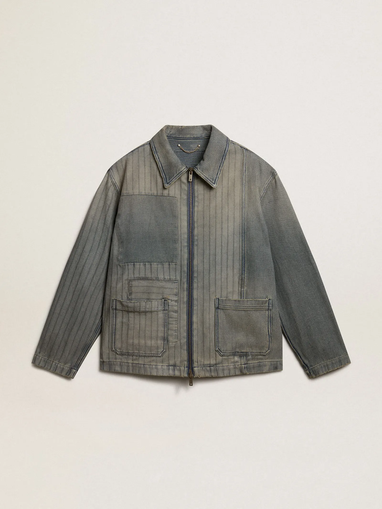Best Sale Golden Goose Jaqueta jeans masculina com listras e remendos na frente Coleção Journey