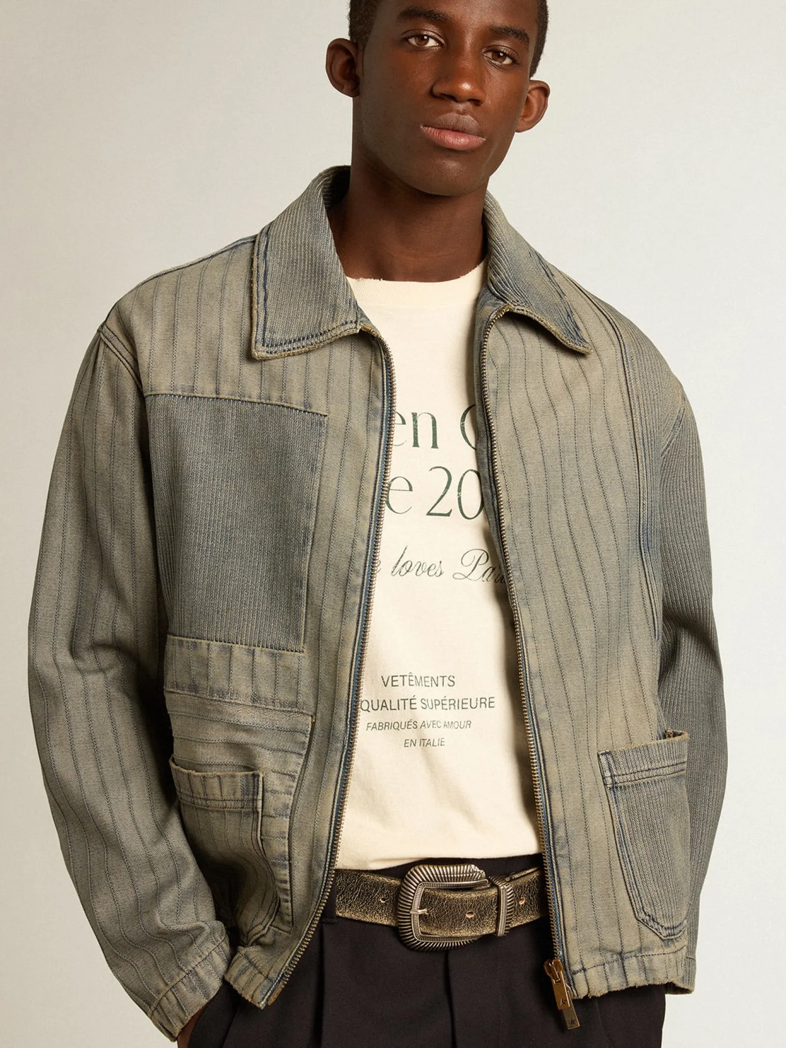 Best Sale Golden Goose Jaqueta jeans masculina com listras e remendos na frente Coleção Journey