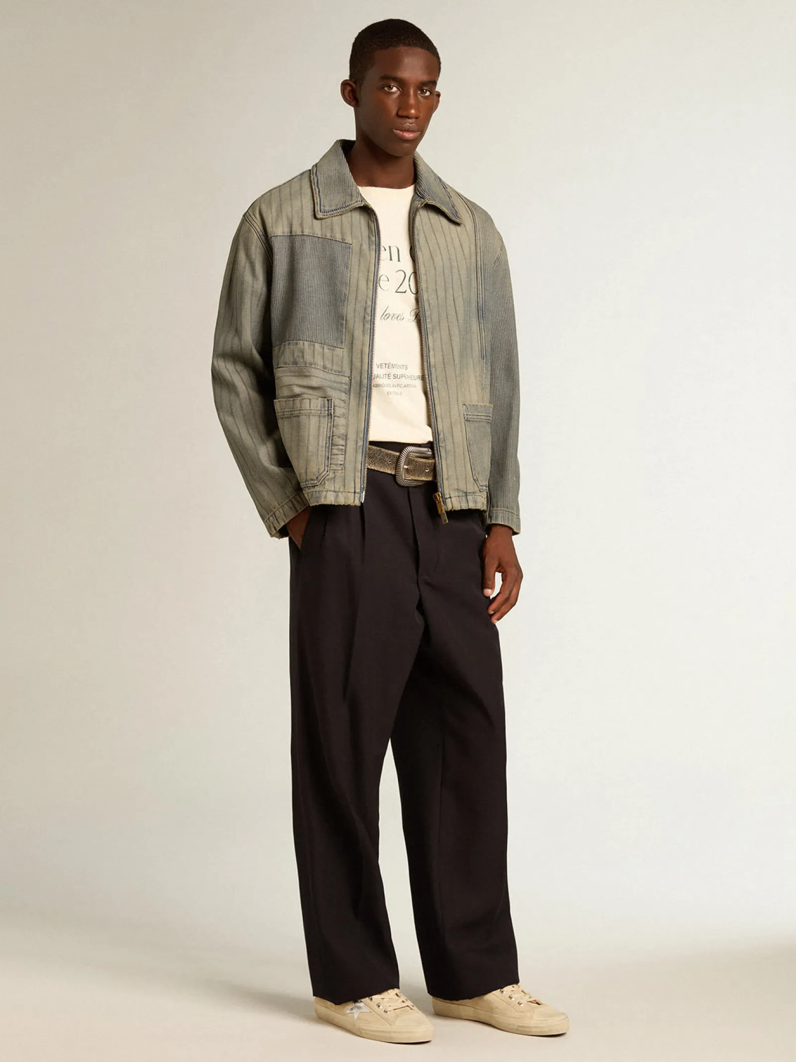 Best Sale Golden Goose Jaqueta jeans masculina com listras e remendos na frente Coleção Journey
