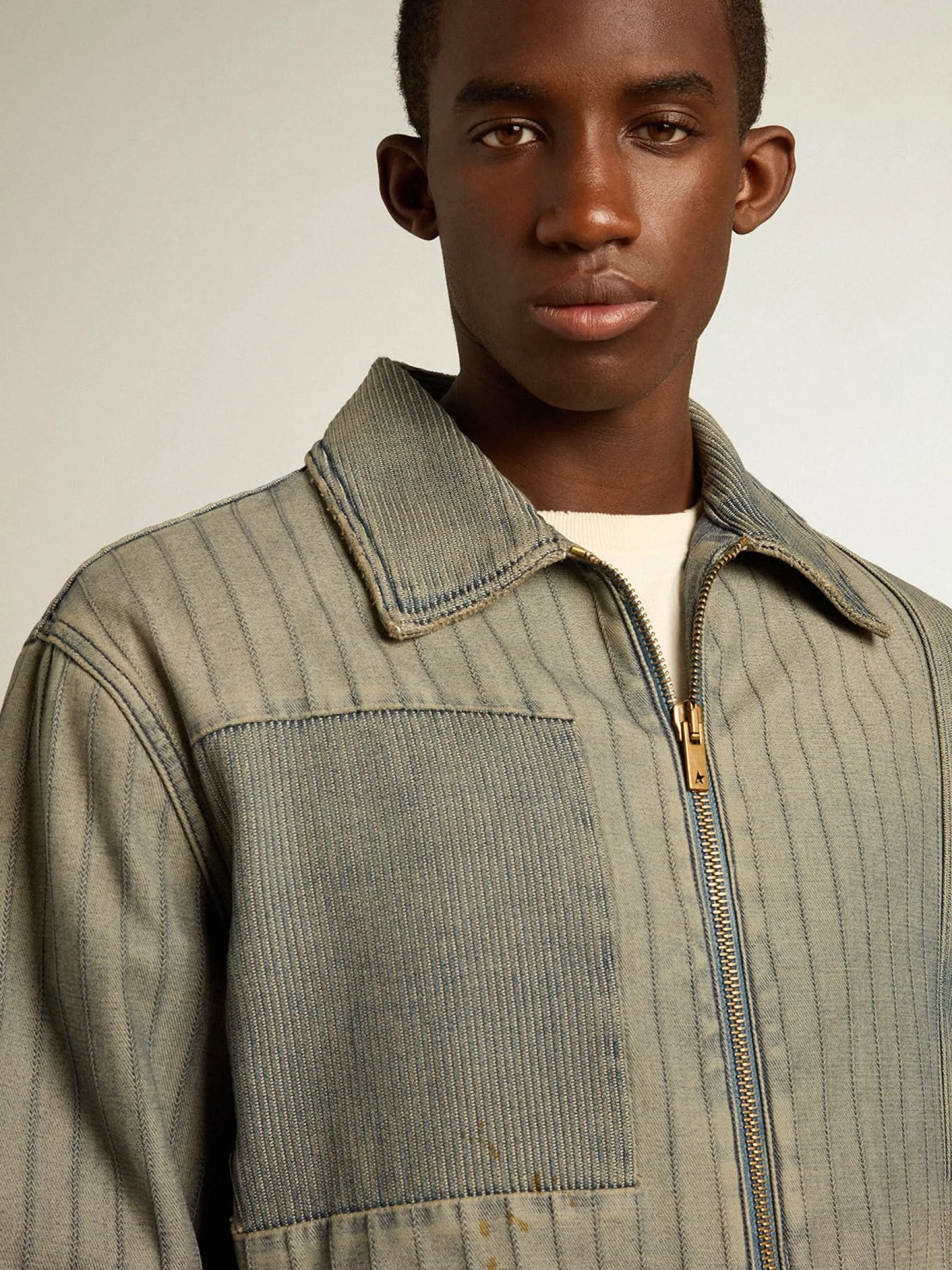 Best Sale Golden Goose Jaqueta jeans masculina com listras e remendos na frente Coleção Journey