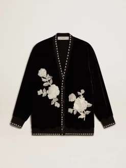 Clearance Golden Goose Jaqueta preta de veludo com bordado floral na frente Coleção Journey
