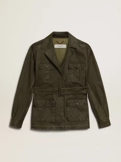 Hot Golden Goose Jaqueta safari masculina de lona verde-militar Cor: verde militar