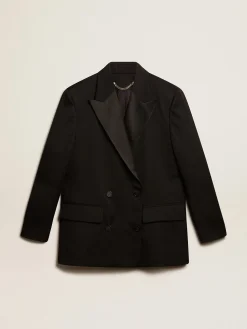 Shop Golden Goose Jaqueta smoking feminina em gabardine de lã preta Coleção Golden