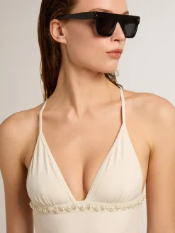 Shop Golden Goose Maiô branco com bordado de pérolas Coleção Resort