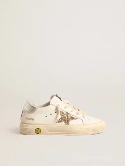 New Golden Goose May Young com estrela de glitter dourado e talão de couro metálico Cor: branco