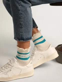 Discount Golden Goose Meias brancas com tratamento desgastado com logo e listras turquesa Cor: branco papiro
