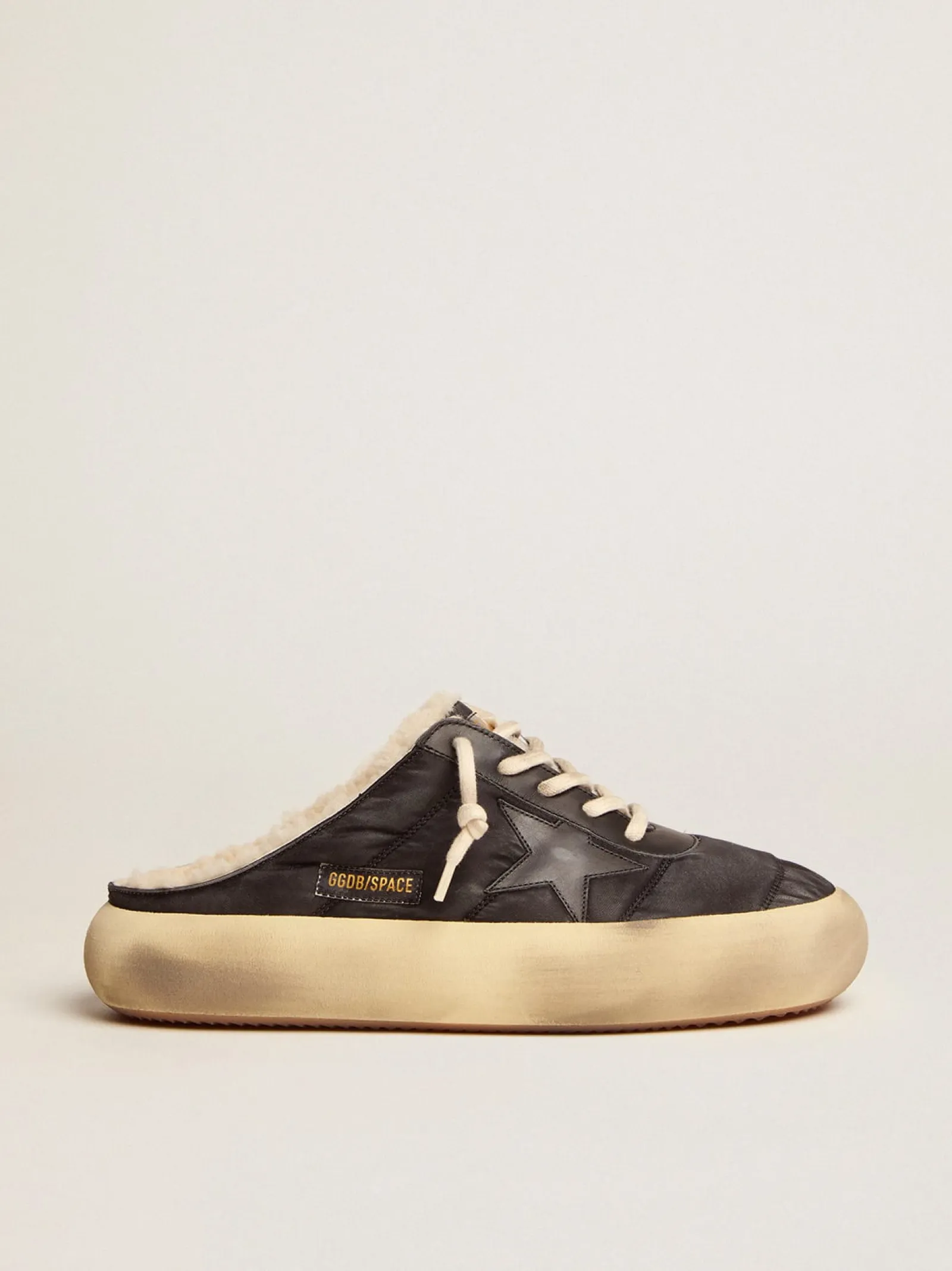Flash Sale Golden Goose Men's Space-Star Sabot shoes in quilted nylon with shearling lining black