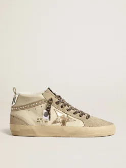 Outlet Golden Goose Mid Star com estrela de couro metálico e lista com cristais Cabedal de couro bege e suede na cor cru