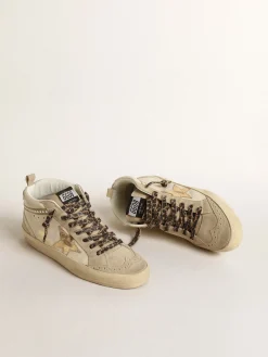 Outlet Golden Goose Mid Star com estrela de couro metálico e lista com cristais Cabedal de couro bege e suede na cor cru