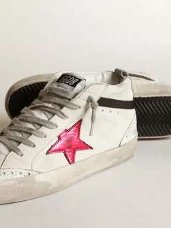 Cheap Golden Goose Mid Star com estrela de couro metálico rosa e lista preta Cabedal de napa branca