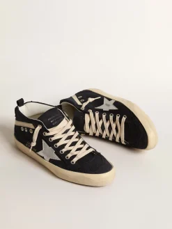 Cheap Golden Goose Mid Star de algodão azul com estrela prateada e lista de couro Cabedal de algodão azul-marinho