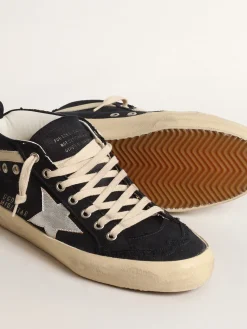 Cheap Golden Goose Mid Star de algodão azul com estrela prateada e lista de couro Cabedal de algodão azul-marinho