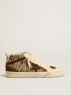 Best Golden Goose Mid Star de couro cavalinho zebrado com estrela de suede e lista marrom Cabedal de couro cavalinho com estampa de zebra nas cores creme e marrom