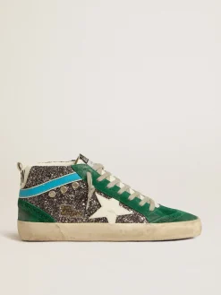 New Golden Goose Mid Star de glitter antracite com estrela de couro e lista azul Cabedal de glitter antracite