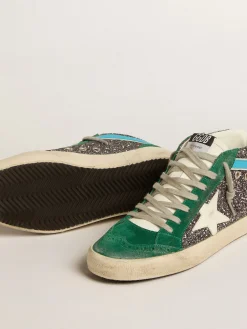 New Golden Goose Mid Star de glitter antracite com estrela de couro e lista azul Cabedal de glitter antracite
