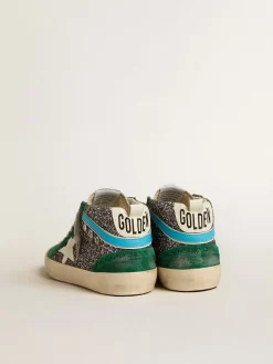 New Golden Goose Mid Star de glitter antracite com estrela de couro e lista azul Cabedal de glitter antracite